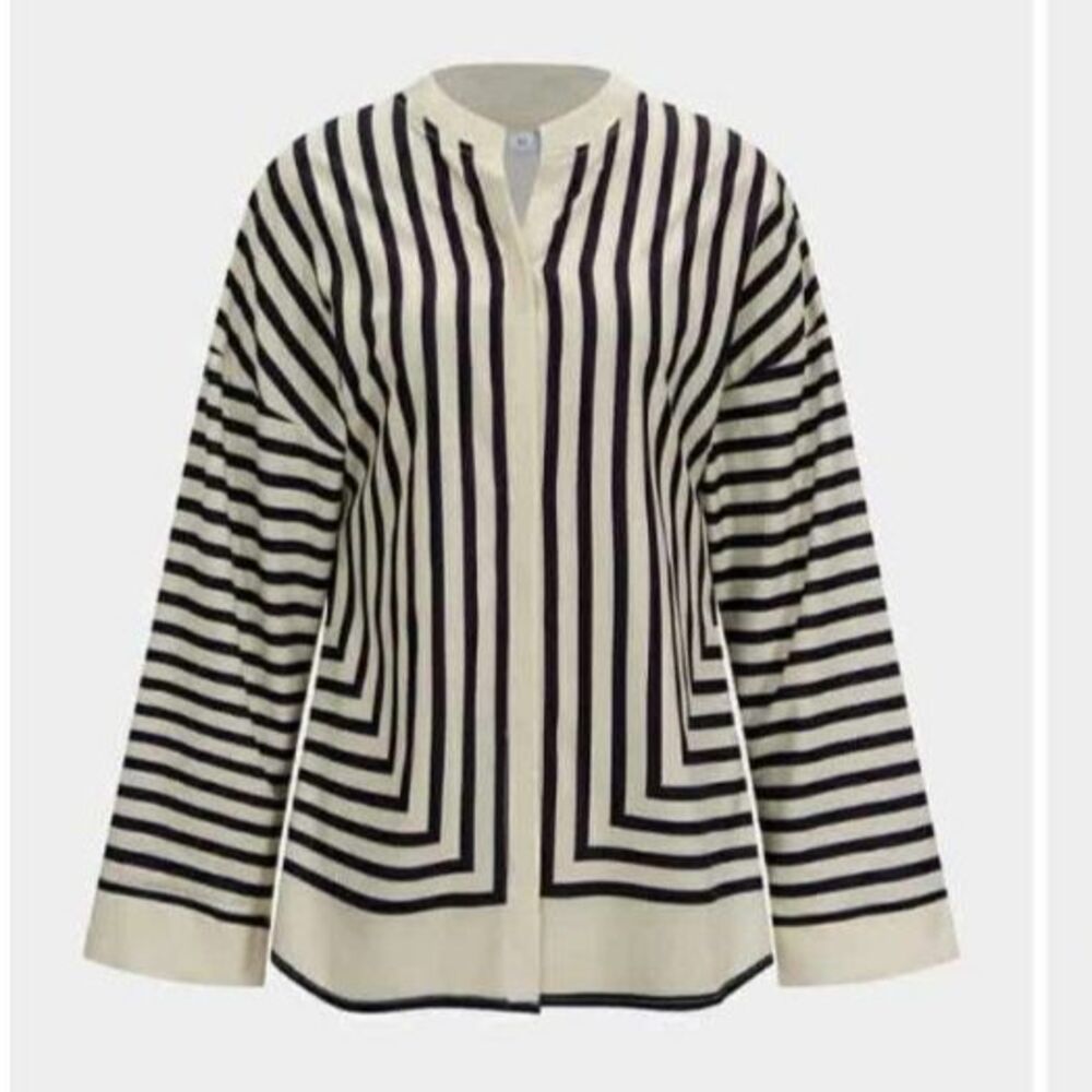 MICAS Stripe Print Satin Long Sleeve Blouse Beige & Black Size Small NWT